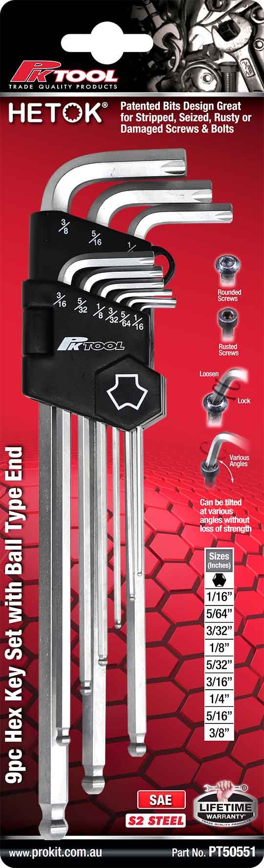 9 Pieces Hetok® Hex Key Set with Ball Type End - PKTool