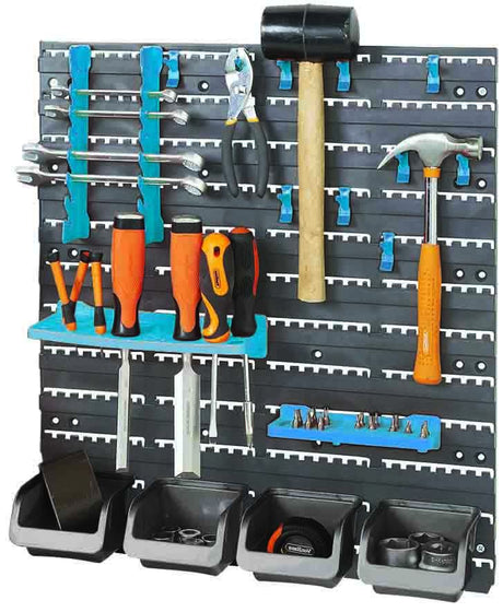 Tool Rack Set 18pc Wall Mounted With Mounting Boards, 4 Parts Boxes & 12 Tool Hooks - PKTool