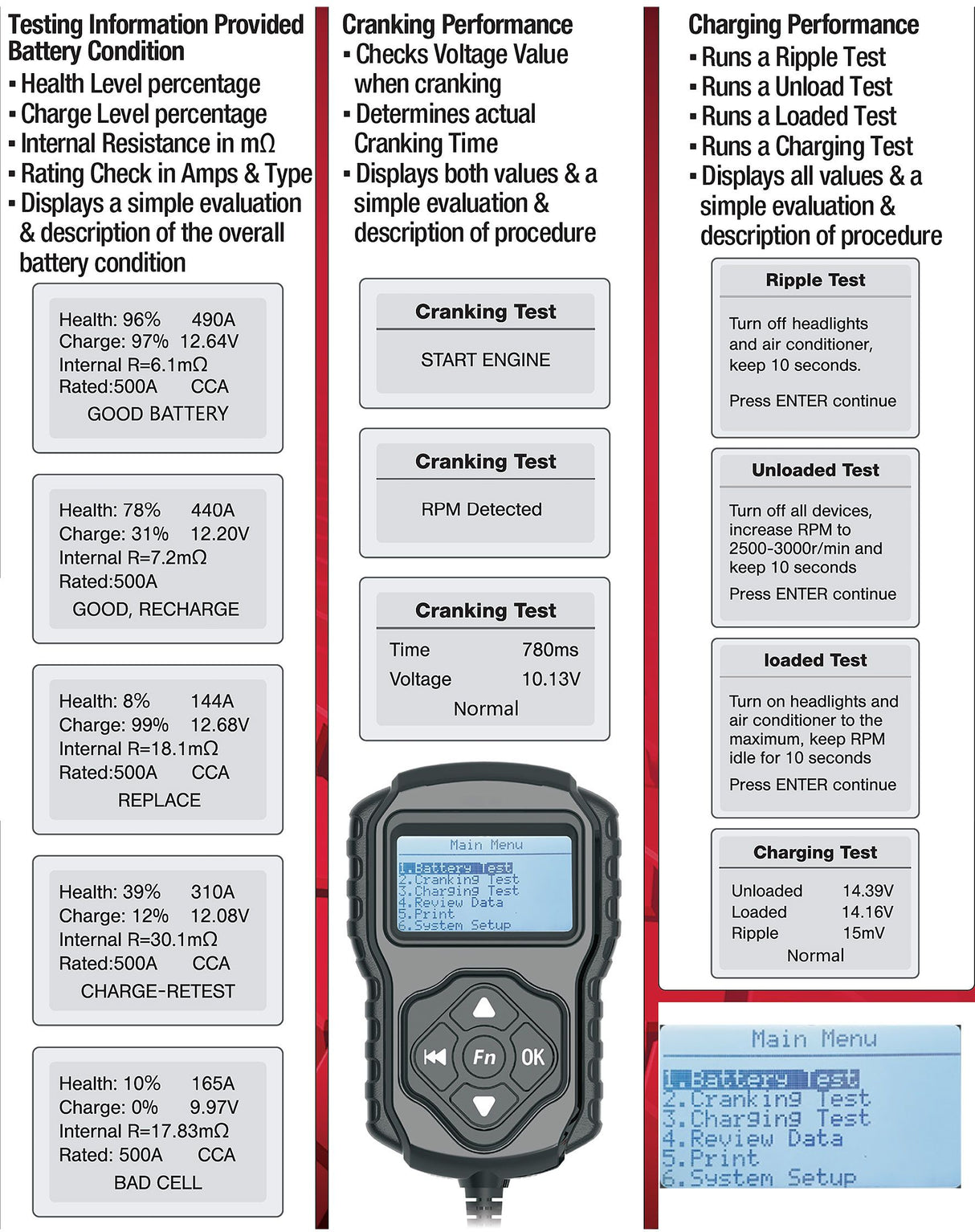 12v/24v Electronic Automotive Battery Tester & Analyser - Charge