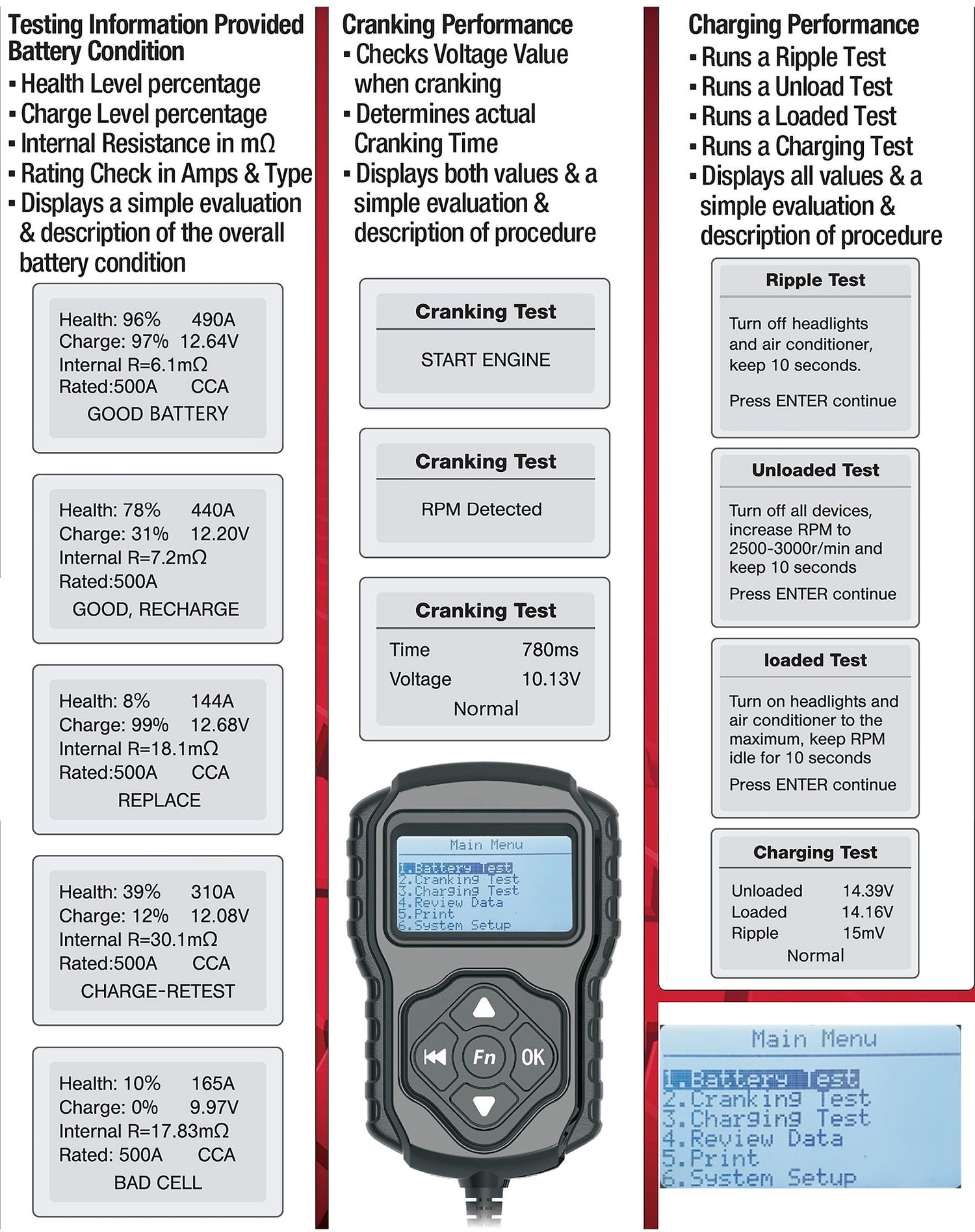12v/24v Electronic Automotive Battery Tester & Analyser - Charge
