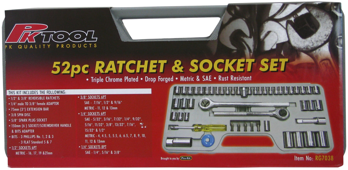 52 Pieces 1/2”, 3/8” & 1/4” Metric & SAE Socket Set - PKTool