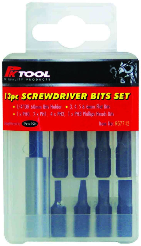 13 Piece 1/4” Hex Screwdriver Bits Set With Drill Adaptor - PKTool | Universal Auto Spares