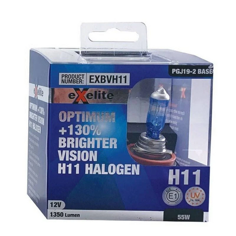 H11 55W Halogen Optimum +130 Brighter Vision Headlight Globes Twin Pack - Exelite | Universal Auto Spares