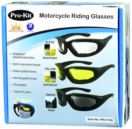Motorcycle Riding Glasses Includes 3 Pieces included White, Yellow and Black - PKTool | Universal Auto Spares