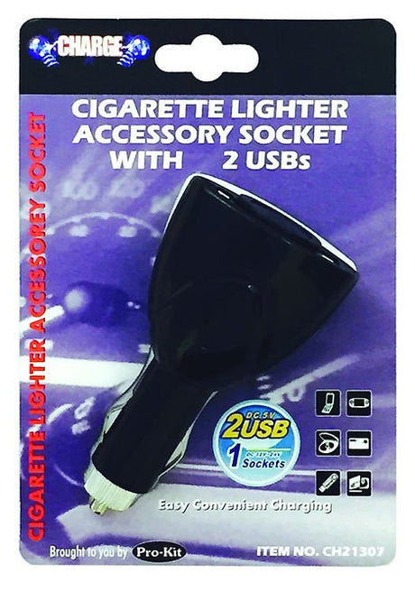 Cigarette Lighter Accessory Socket With 1 Lighter Socket & 2 USBs - Charge | Universal Auto Spares