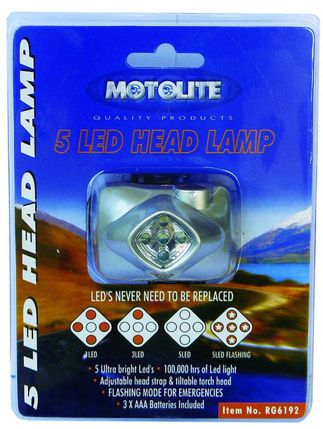 Torch Head Lamp With 5 Ultra Bright LEDs Tilt Bracket & Headband - Motolite