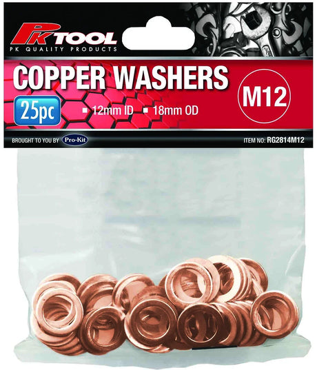 Copper Washers 8mm, 10mm, 12mm, 14mm (25 Pieces) - PKTool | Universal Auto Spares