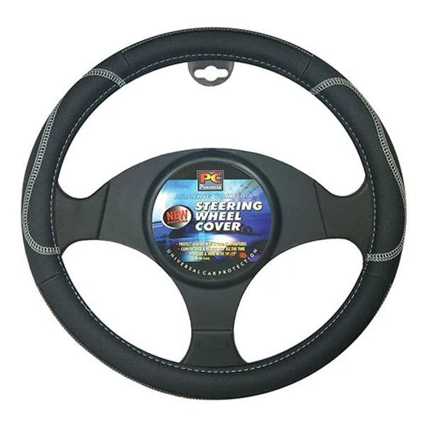 Steering Wheel Cover Black/Grey 38CM BREATHABLE WITH STITCHED HIGHLIGHTS - PC Procovers