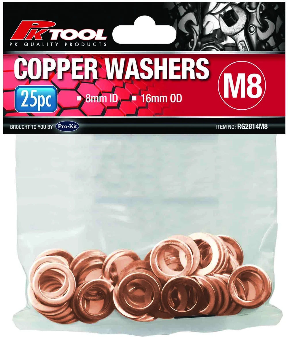 Copper Washers 8mm, 10mm, 12mm, 14mm (25 Pieces) - PKTool | Universal Auto Spares