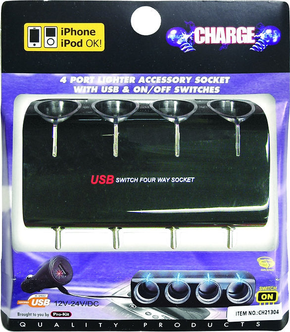 Quadruple Cigarette Lighter Socket With One USB & On/Off Switches - PKTool