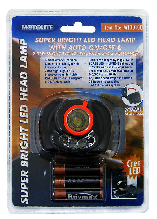 Torch Head Lamp 1 Led With Auto On/Off, 2 Led Warning Lights - Motolite