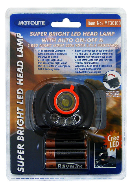 Torch Head Lamp 1 Led With Auto On/Off, 2 Led Warning Lights - Motolite