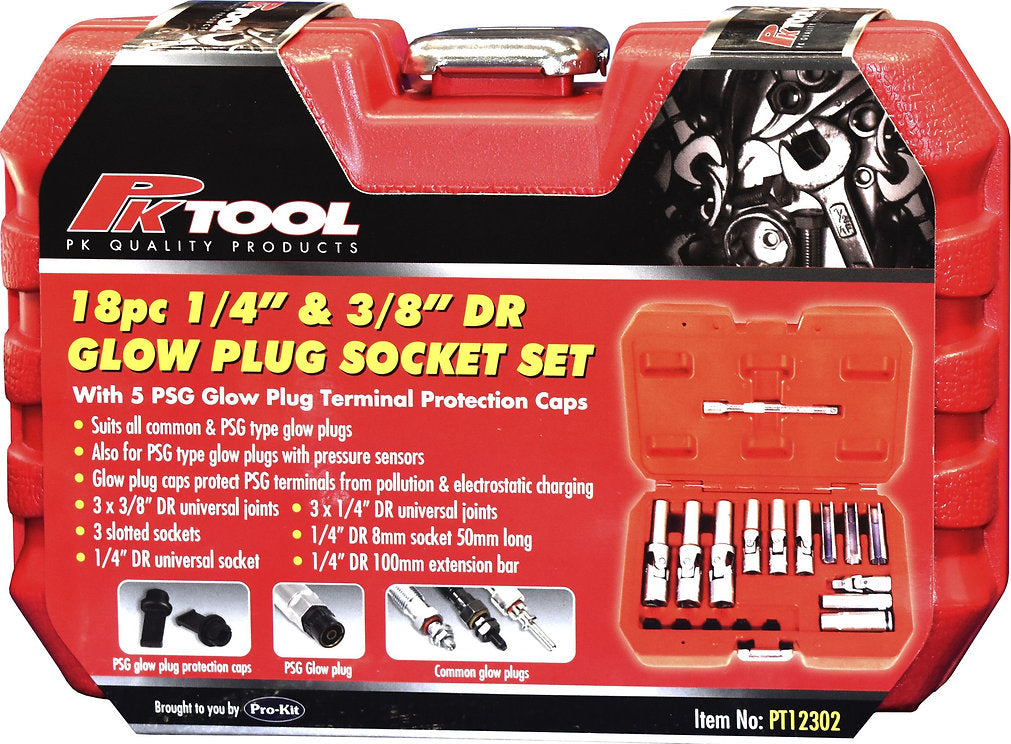Socket Set 18 Piece 1/4" & 3/8" DR Glow Plug Tip Protection Caps - PKTool