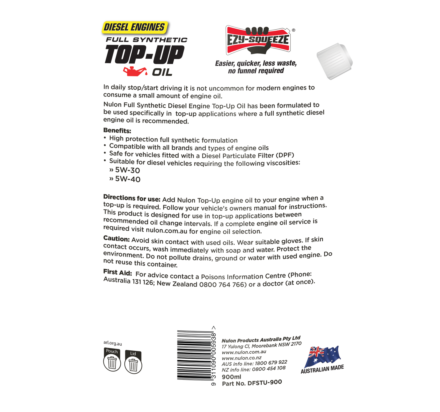 Diesel Engine Full Synthetic Top-Up Oil 900mL - Nulon