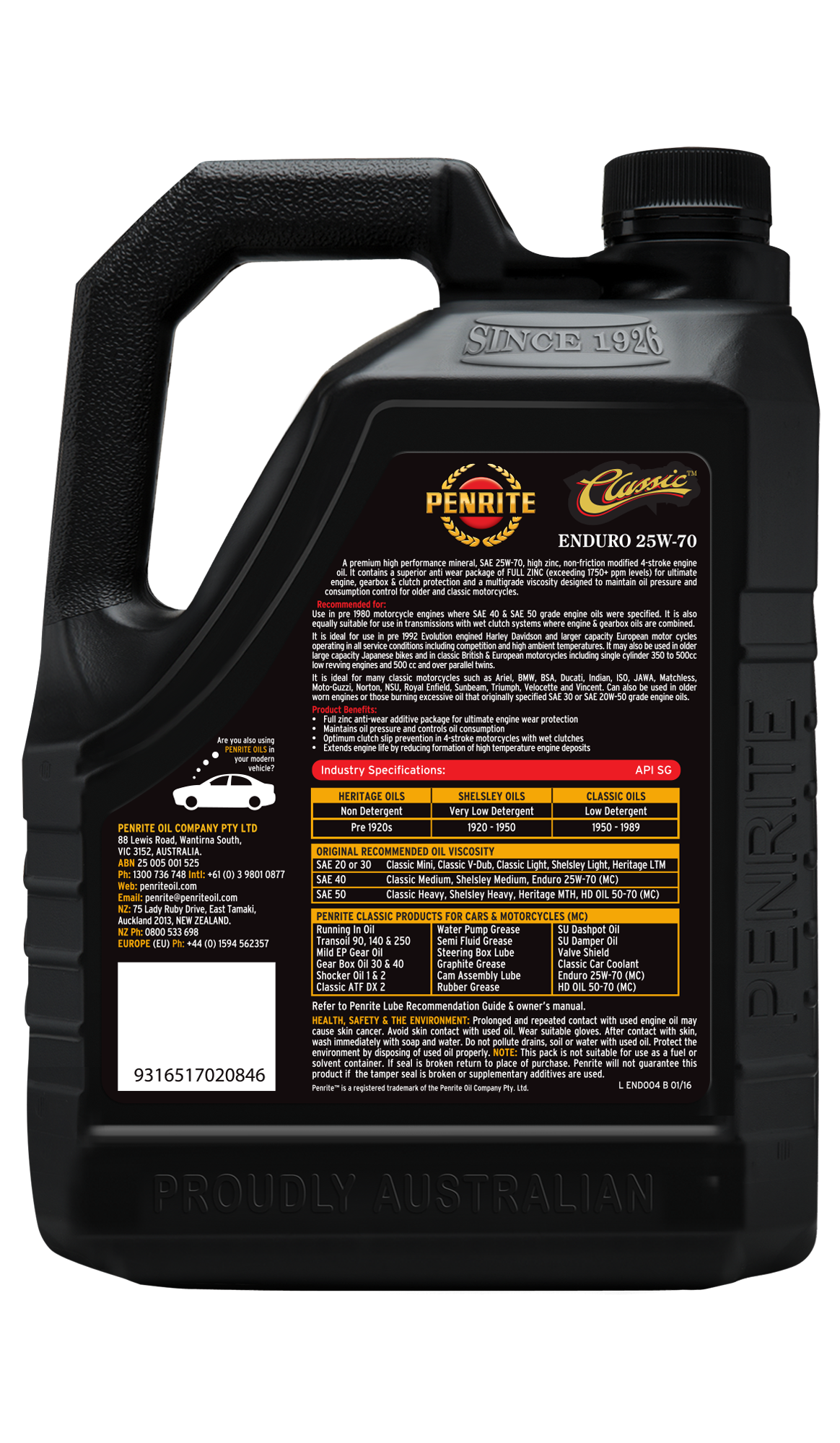 Enduro HD 25W-70 (Mineral) 4L - Penrite 4 X 5 Litre (Carton Only) | Universal Auto Spares