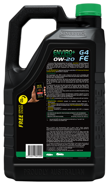 Enviro+ G4 FE 0W-20 (Full SYN) 5L - Penrite