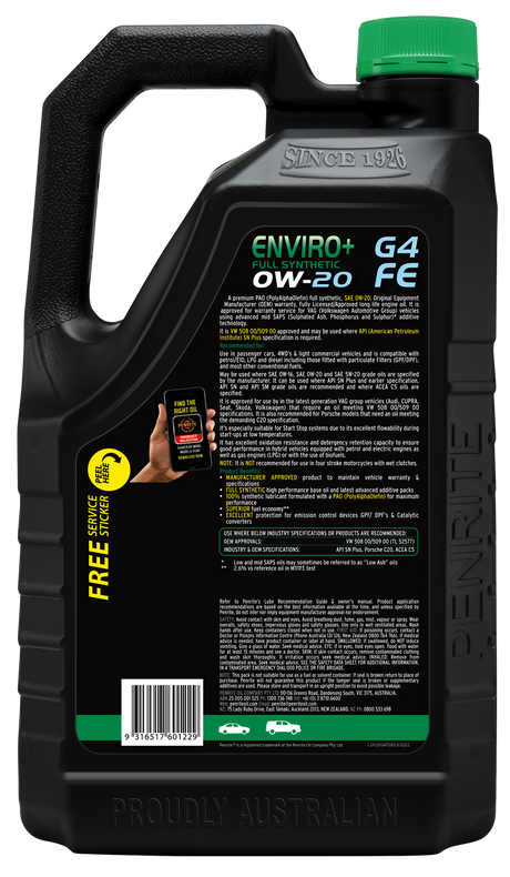 Enviro+ G4 FE 0W-20 (Full SYN) 5L - Penrite | Universal Auto Spares