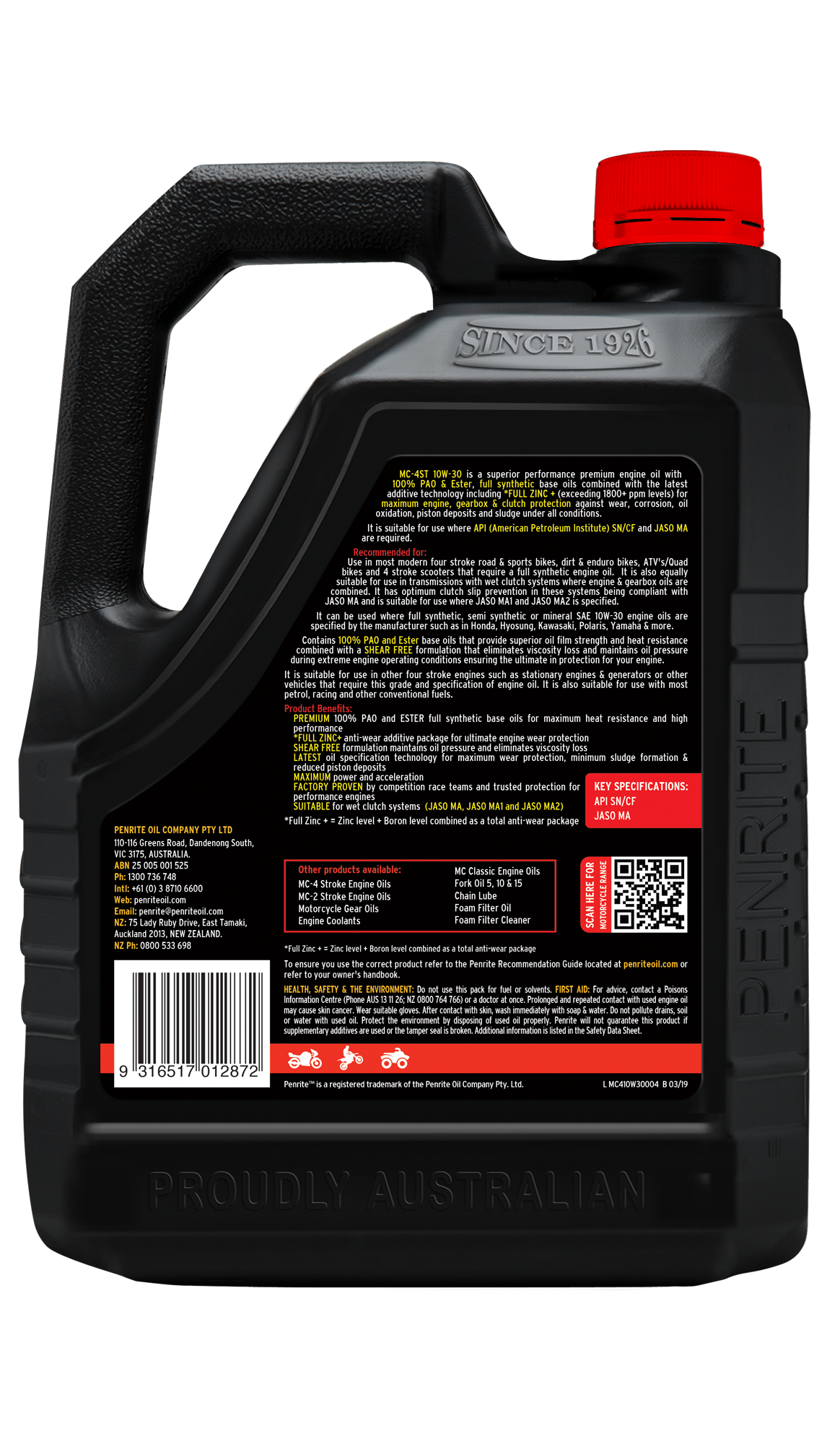 MC-4ST 10W-30 (100% PAO & ESTER) - Penrite 4 X 4 Litre (Carton Only)