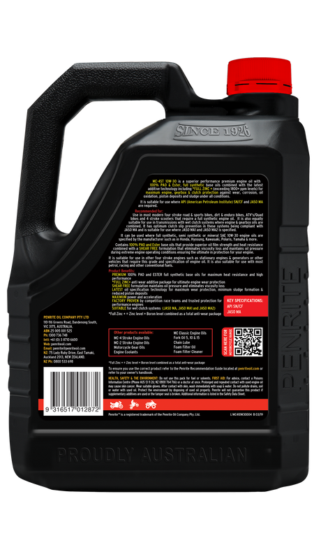 MC-4ST 10W-30 (100% PAO & ESTER) - Penrite 4 X 4 Litre (Carton Only)