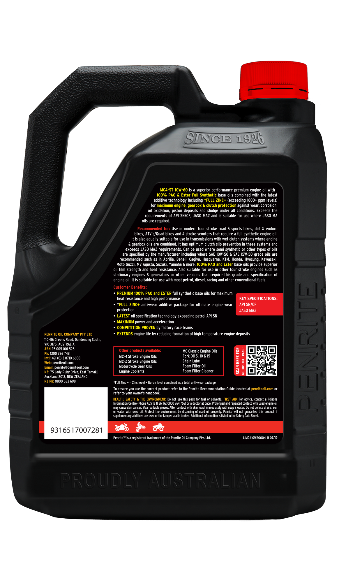 MC-4ST 10W-60 (100% PAO & ESTER) - Penrite 4 X 4 Litre (Carton Only)