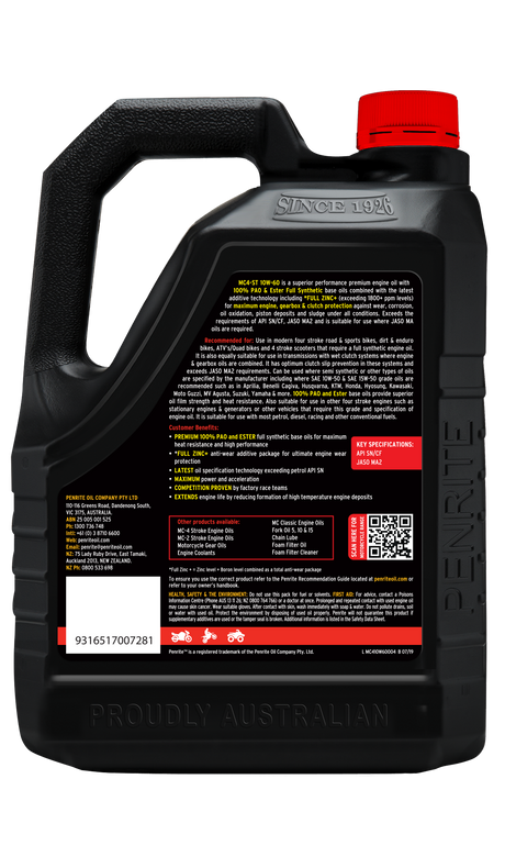 MC-4ST 10W-60 (100% PAO & ESTER) - Penrite 4 X 4 Litre (Carton Only)