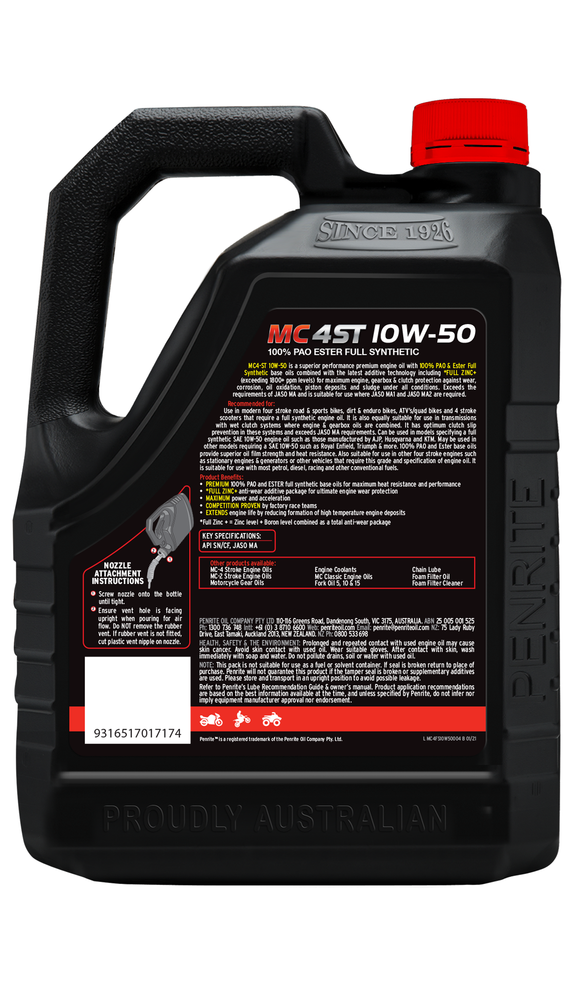 MC-4ST Full Syn 10W-50 (100% PAO & ESTER) - Penrite 4 X 4 Litre (Carton Only)