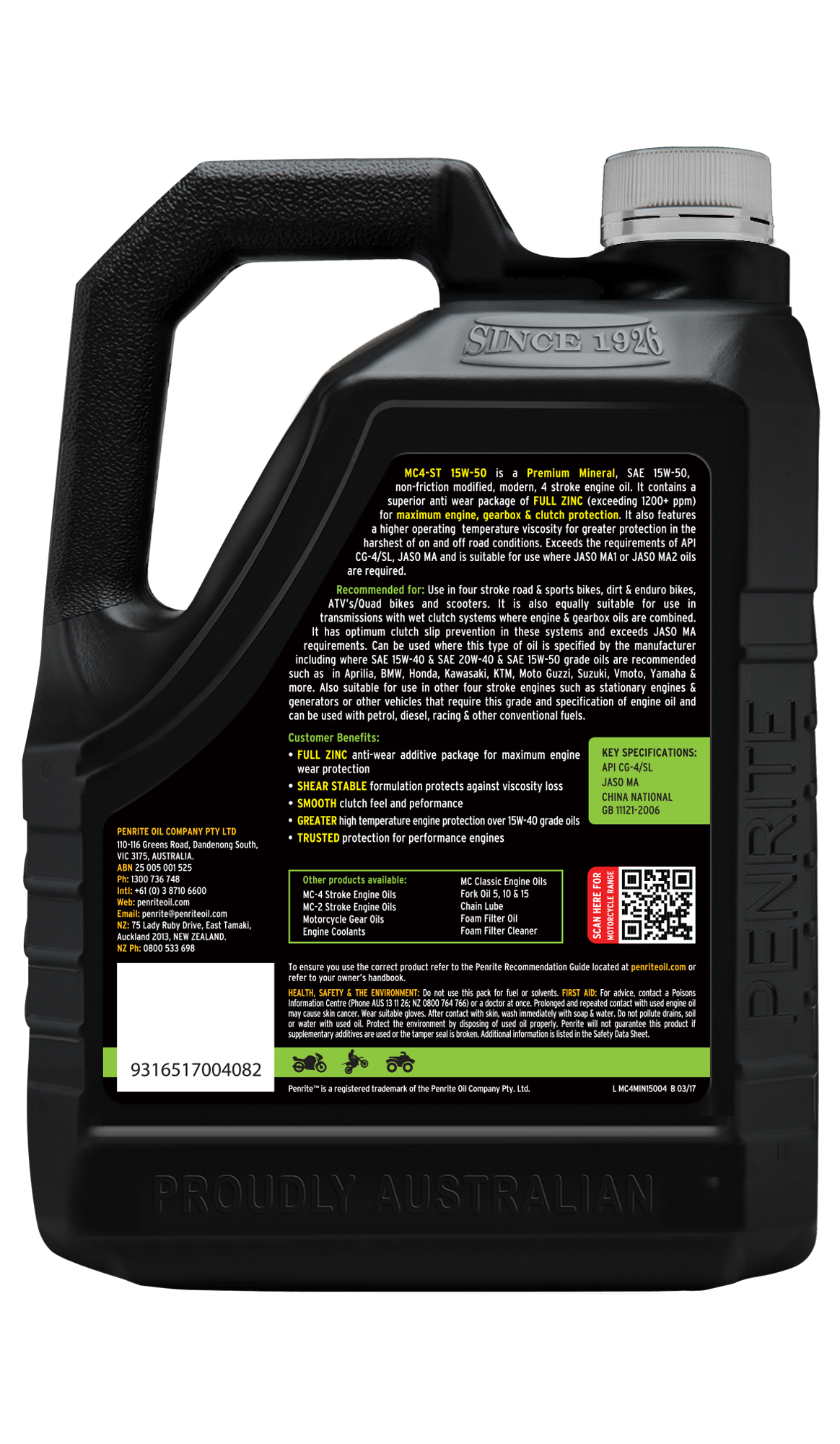 MC-4ST Mineral 15W-50 - Penrite 4 X 4 Litre (Carton Only)