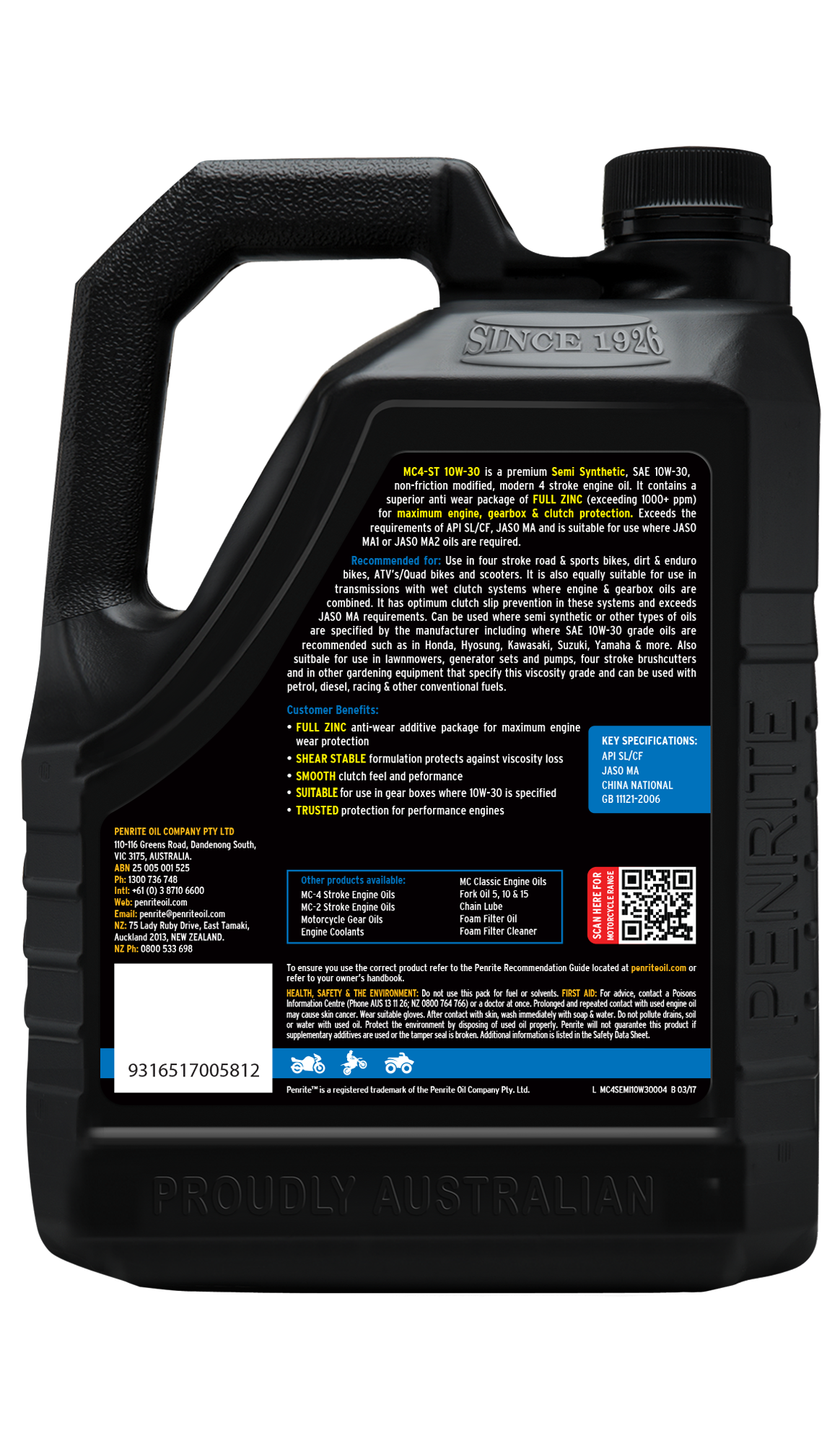 MC-4ST Semi Synthetic 10W-30 - Penrite 4 X 4 Litre (Carton Only)