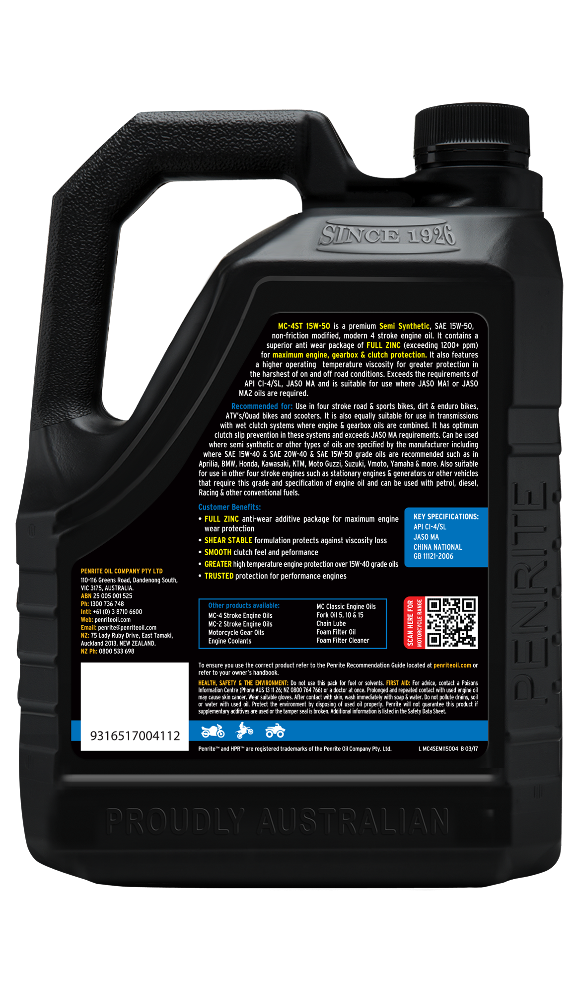 MC-4ST Semi Synthetic 15W-50 4L - Penrite 4 X 4 Litre (Carton Only)