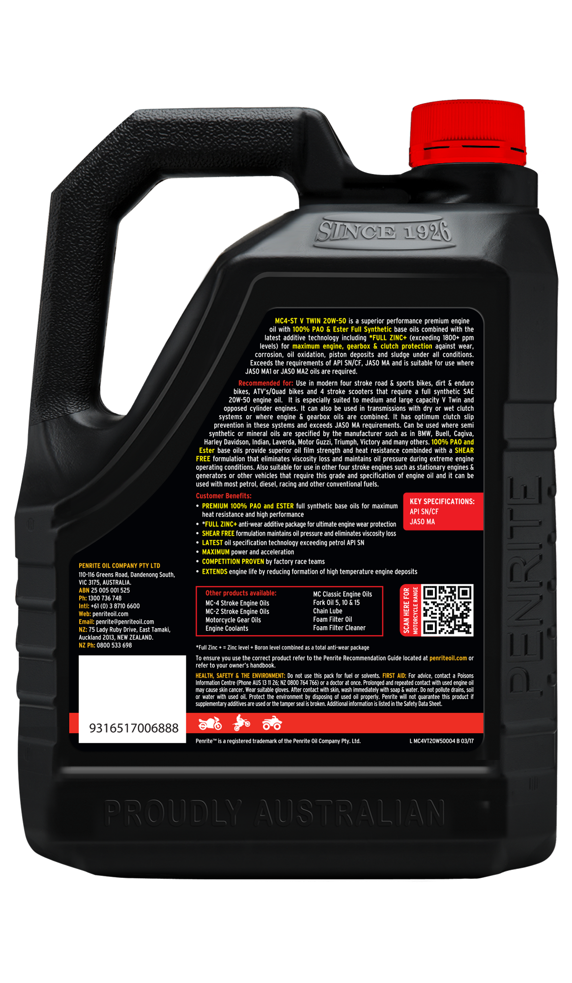 MC-4ST V TWIN 20W-50 (100% PAO & ESTER) - Penrite 4 X 4 Litre (Carton Only)