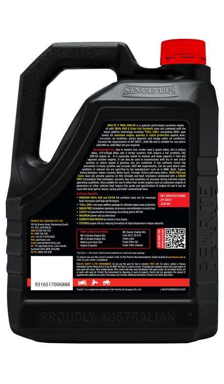 MC-4ST V TWIN 20W-50 (100% PAO & ESTER) - Penrite 4 X 4 Litre (Carton Only)