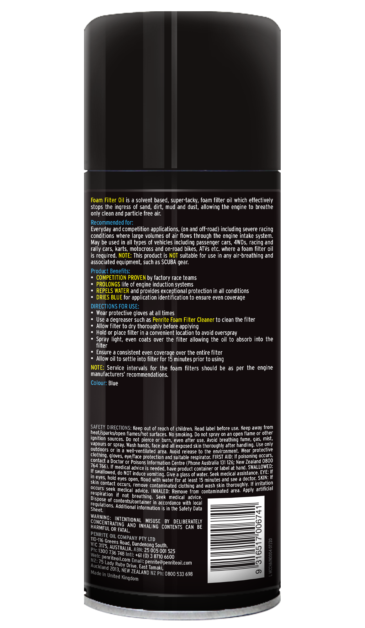 Foam Filter Oil Aerosol 400ml - Penrite