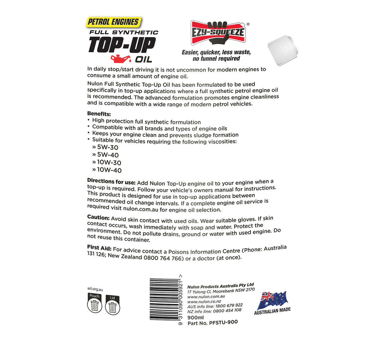 Petrol Engine Full Synthetic Top-Up Oil 900mL - Nulon