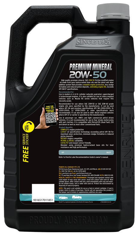 Premium Mineral 20W-50 5L - Penrite