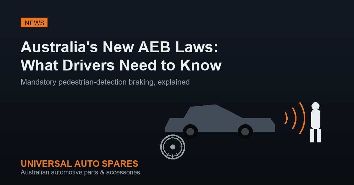 Line-art illustration of a car detecting a pedestrian with radar waves and a brake rotor icon, representing Australia's new AEB safety laws