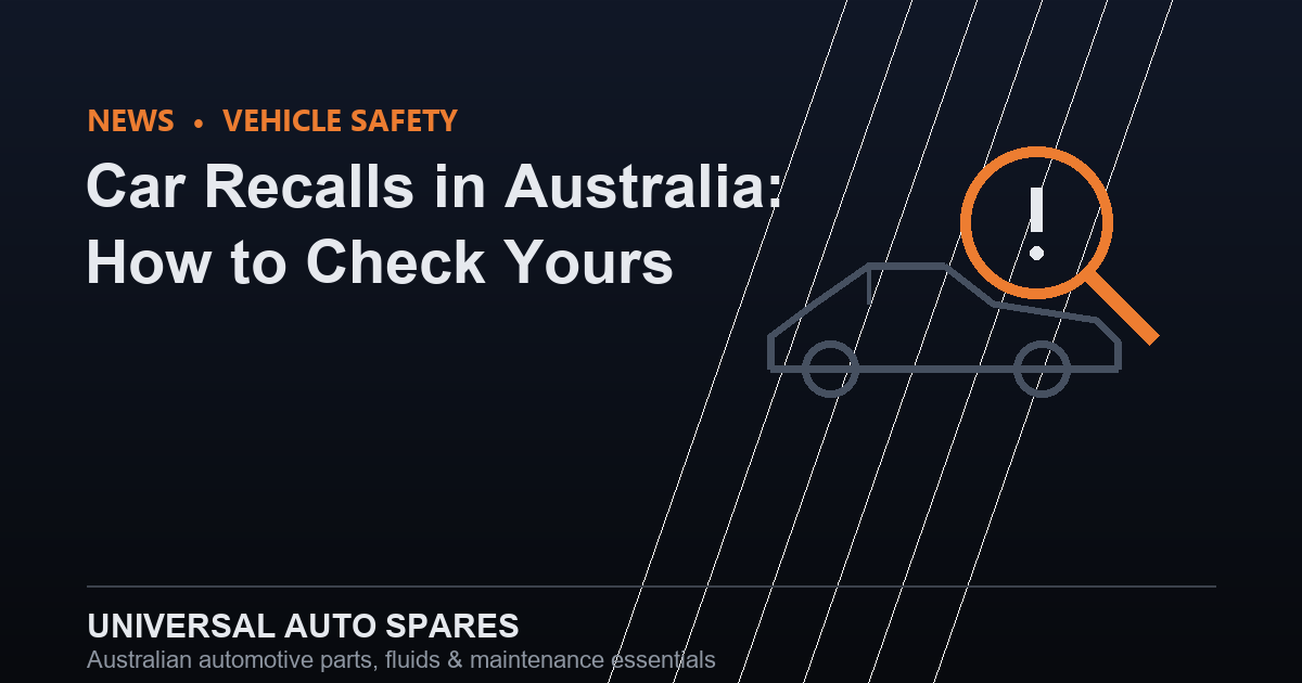Line-art illustration of a car with a magnifying glass and warning icon over it, on a dark banner reading Car Recalls in Australia: How to Check Yours