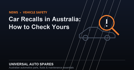 Line-art illustration of a car with a magnifying glass and warning icon over it, on a dark banner reading Car Recalls in Australia: How to Check Yours