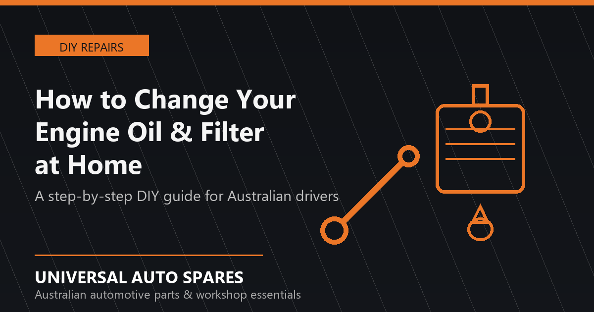 Illustration of an oil can, wrench and oil drop representing a DIY engine oil and filter change, Universal Auto Spares
