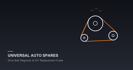 Line-art illustration of an engine drive belt looping around a crankshaft pulley and idler pulleys with squeal marks, on a dark banner