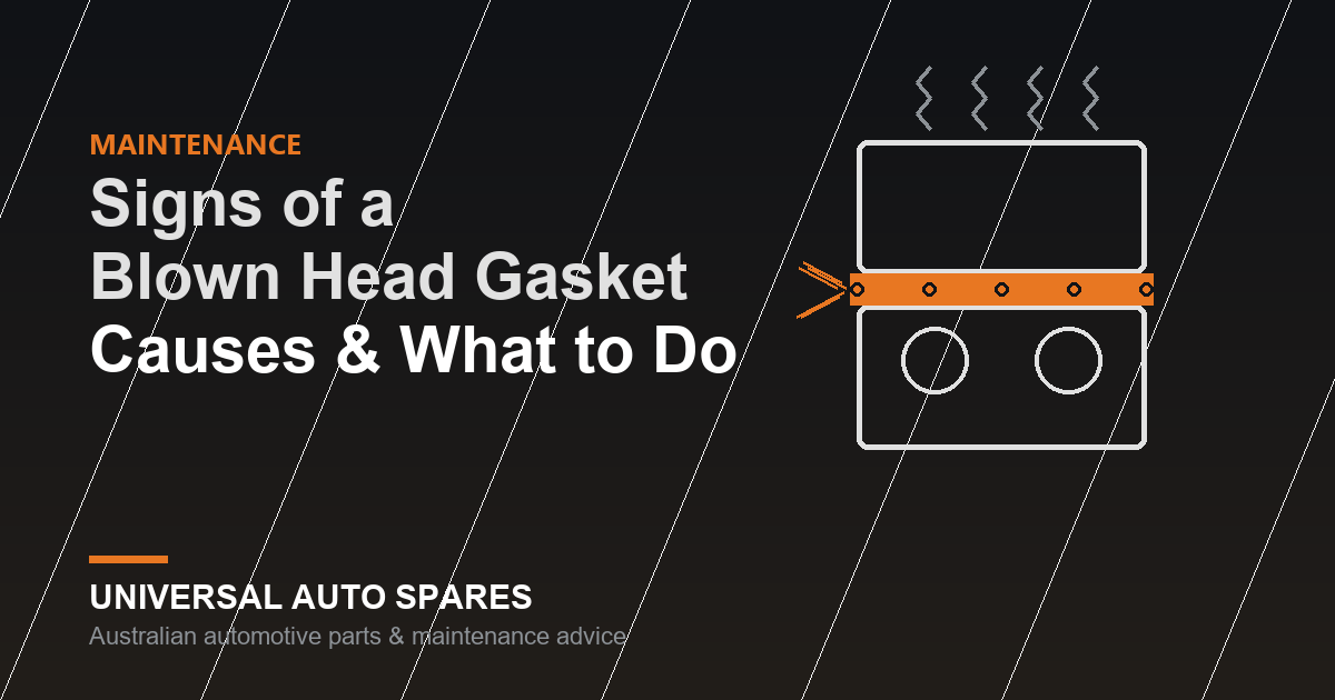 Line-art diagram of a cylinder head, head gasket layer and engine block with heat and leak marks, illustrating a blown head gasket