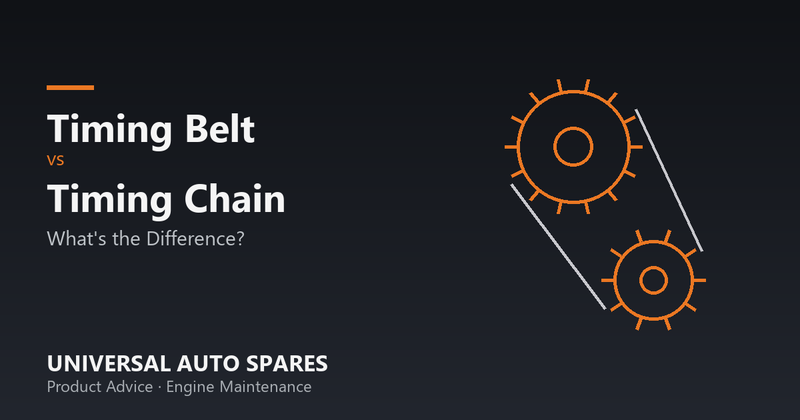Line illustration of two timing sprockets connected by a belt and chain, representing timing belt versus timing chain engine components