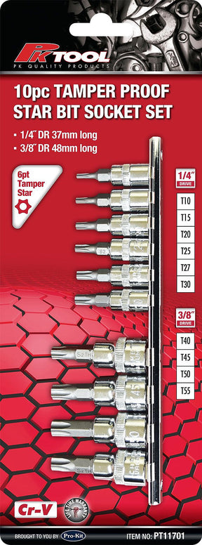 10 Piece 1/4” & 3/8” DR 6PT Tamper Proof Star Bits Socket Set - PKTool