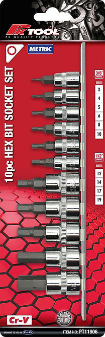 10 Piece 3/8” & 1/2” DR Metric Hex Bits Socket Set - PKTool | Universal Auto Spares