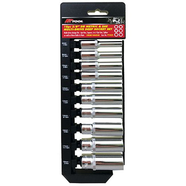 10 Piece 3/8" DR Metric & Sae Cr-V Multi-Drive Deep Socket Set - PKTool | Universal Auto Spares