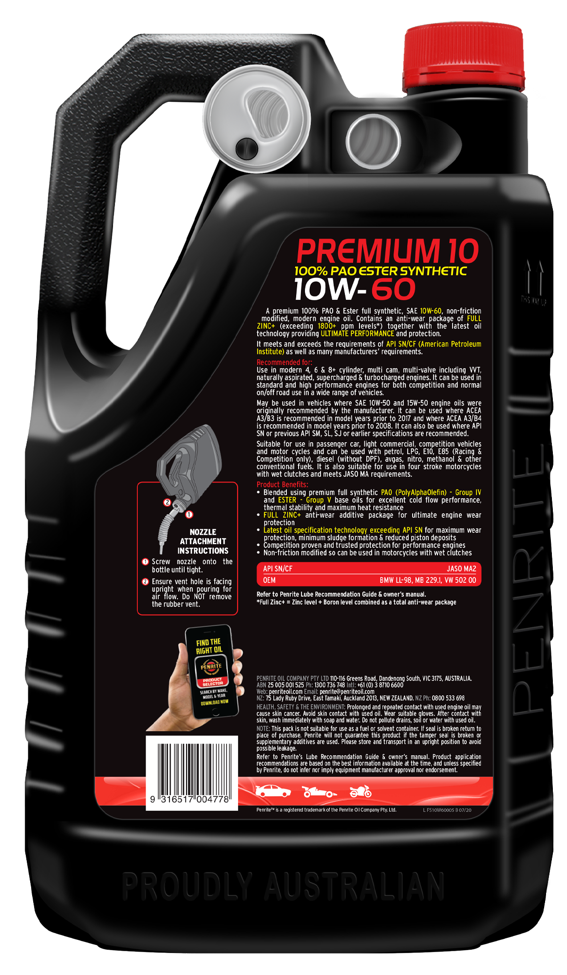 10 Tenth Premium 10W-60 (100% PAO & ESTER) - Penrite | Universal Auto Spares