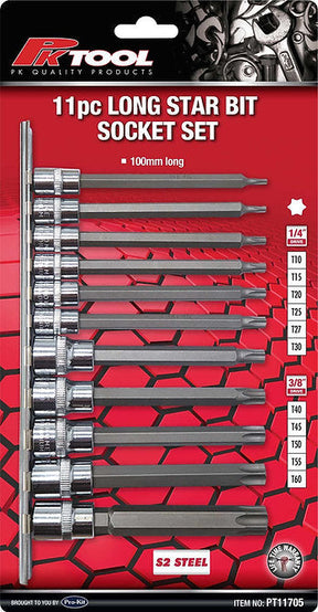 11 Piece 1/4” & 3/8” DR 6PT Long Star Bit Socket Set - PKTool