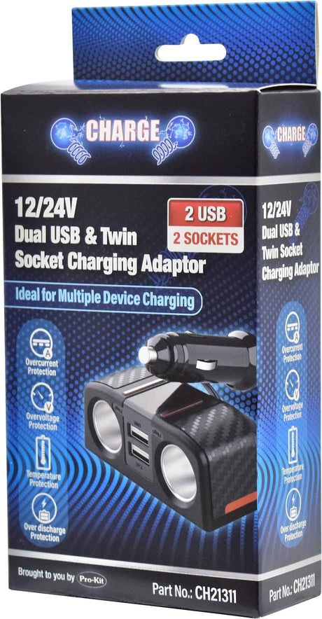 12/24V Dual USB & Twin Socket Charging Adaptor - Charge | Universal Auto Spares