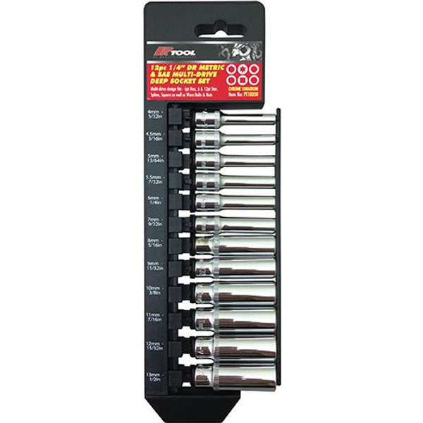 12 Piece 1/4" DR Metric & Sae Cr-V Multi-Drive Deep Socket Set - PKTool | Universal Auto Spares