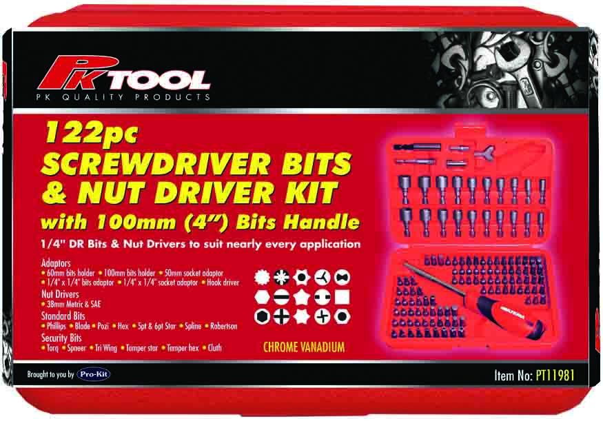 122 Piece 1/4” Hex Dr Combination Screwdriver Bits Set With 100mm (4”) Bit Handle - PKTool | Universal Auto Spares