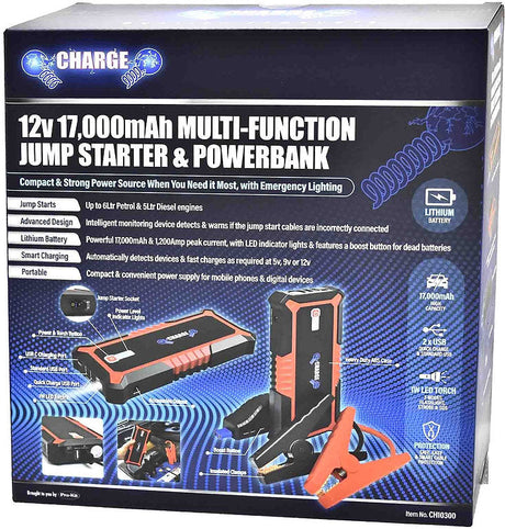 12v 17,000mAh Multi-Function Jump Starter & Powerbank - Charge | Universal Auto Spares